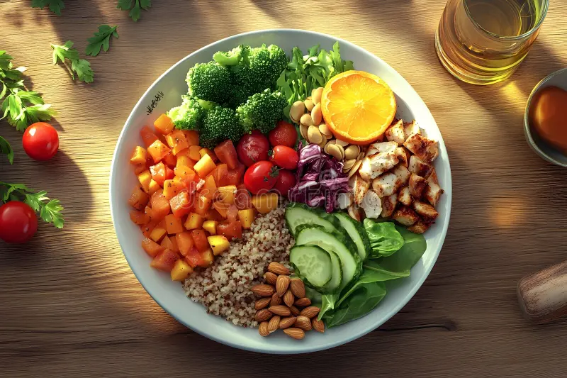 Divided plate showing balanced portions of vegetables proteins and grains