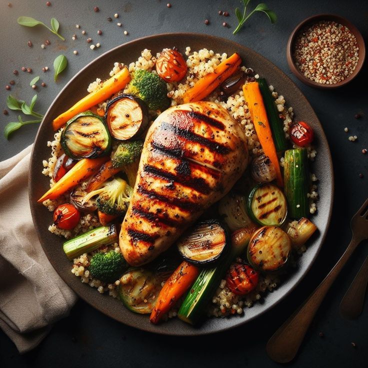 Seasonal dinner plate with roasted vegetables legumes and herbs